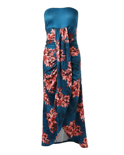 Floral Print Bandeau Draped Slit Maxi Dress