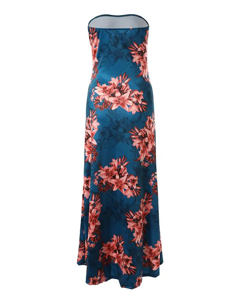 Floral Print Bandeau Draped Slit Maxi Dress