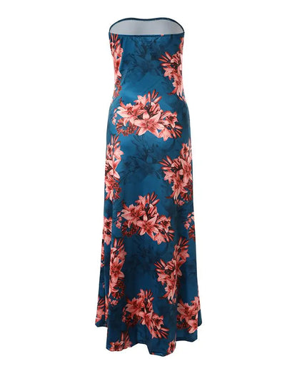 Floral Print Bandeau Draped Slit Maxi Dress